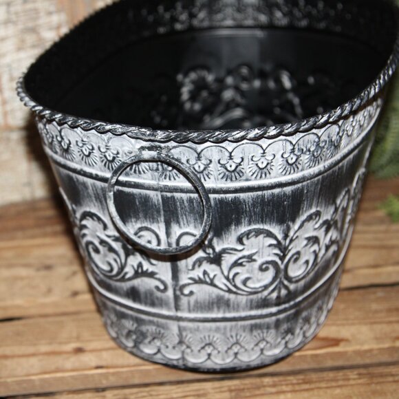 NEW Ornate Black & White French Country Gothic Halloween Metal Bucket w/Handles - Picture 7 of 9